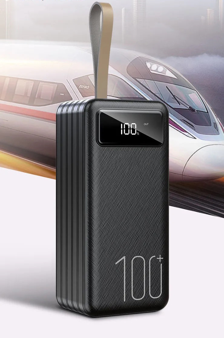 100000mAh Power Bank with Built-in Charging Cable 18W Fast Charge & LED Flashlight 4 USB Ports LED Display 370Wh Powerbank with Lanyard