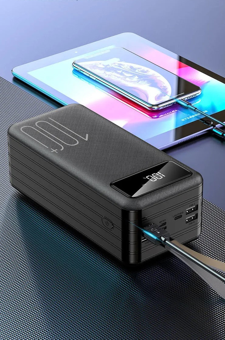 100000mAh Power Bank with Built-in Charging Cable 18W Fast Charge & LED Flashlight 4 USB Ports LED Display 370Wh Powerbank with Lanyard