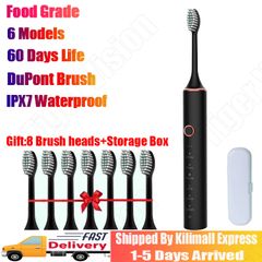 Rechargeable Electric Toothbrush Powerful Sonic Cleaning 8 DuPont Brush Heads 6 Modes w Smart Timer Black