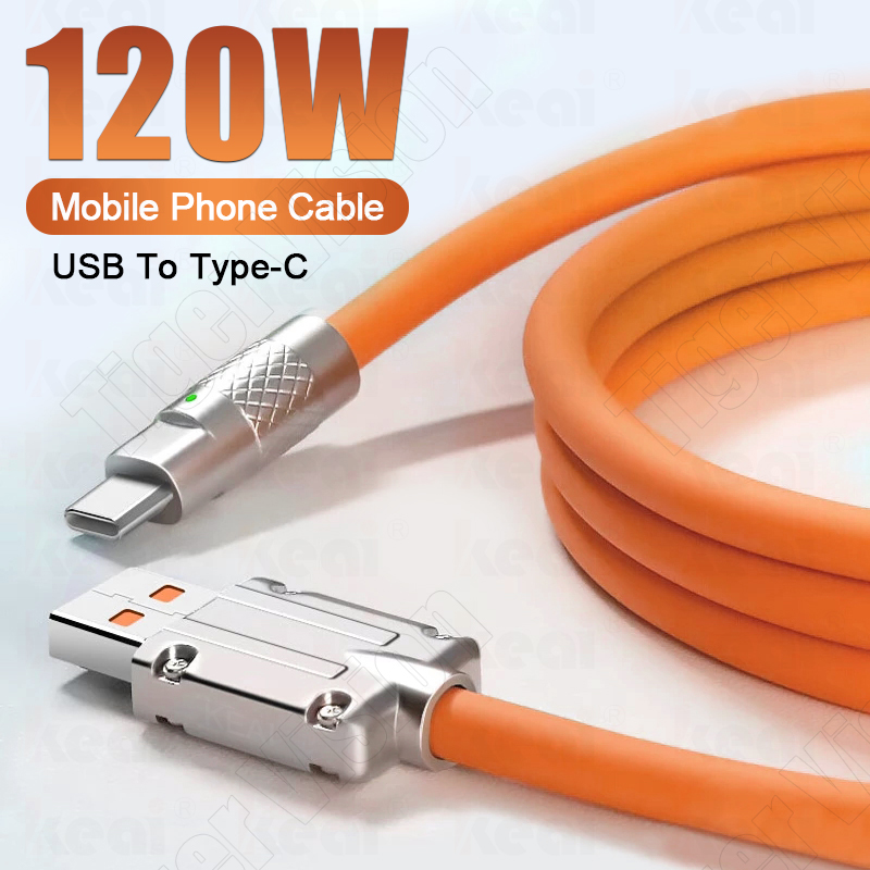 6A/120W USB Cable Super Fast Charge QC2.0 3.0 USB Charging Cable Type C Cable Zinc Alloy Liquid Soft Silicone Mobile Phone USB Charging Data Cable for Android