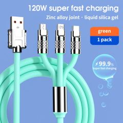 Max120W 3in1 Fast Charging USB Cable 2.4A Charging Cable Liquid Soft Silicone USB Data Cable USB C/iOS/Micro USB Adapters Green 3 in 1
