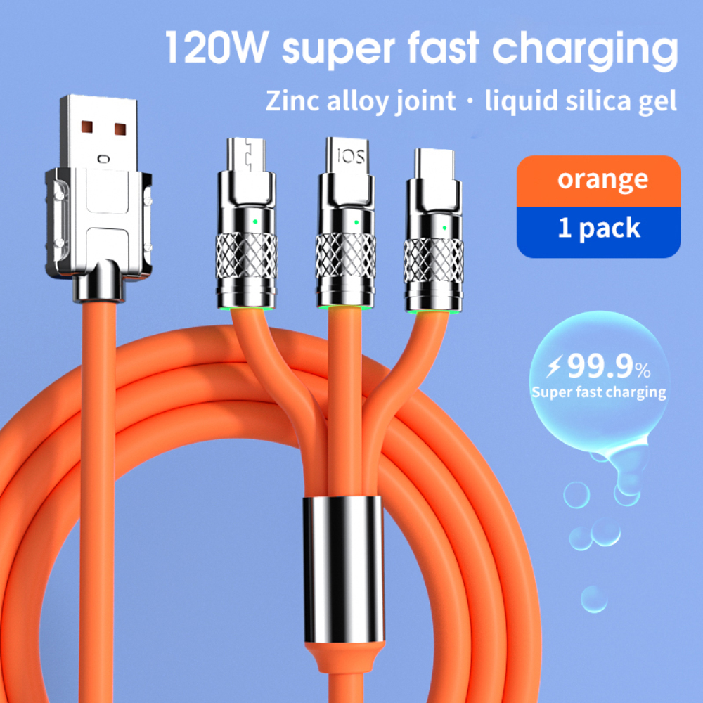 Max120W 3in1 Fast Charging USB Cable 2.4A Charging Cable Liquid Soft Silicone USB Data Cable USB C/iOS/Micro USB Adapters