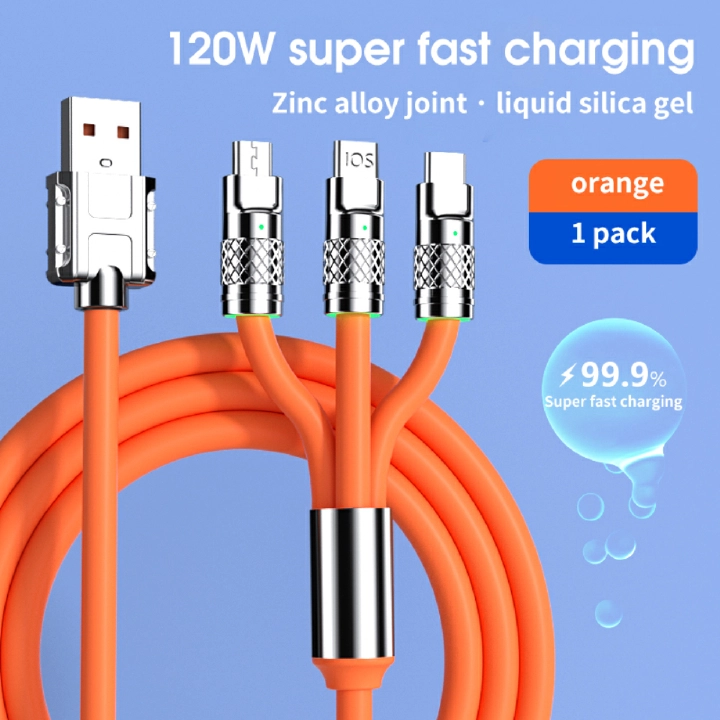 120W Super Fast Charging Cable 3-in-1 Zinc Alloy Liquid Silicone Multi-Device Charger LED Night Type-C/iOS/Micro USB