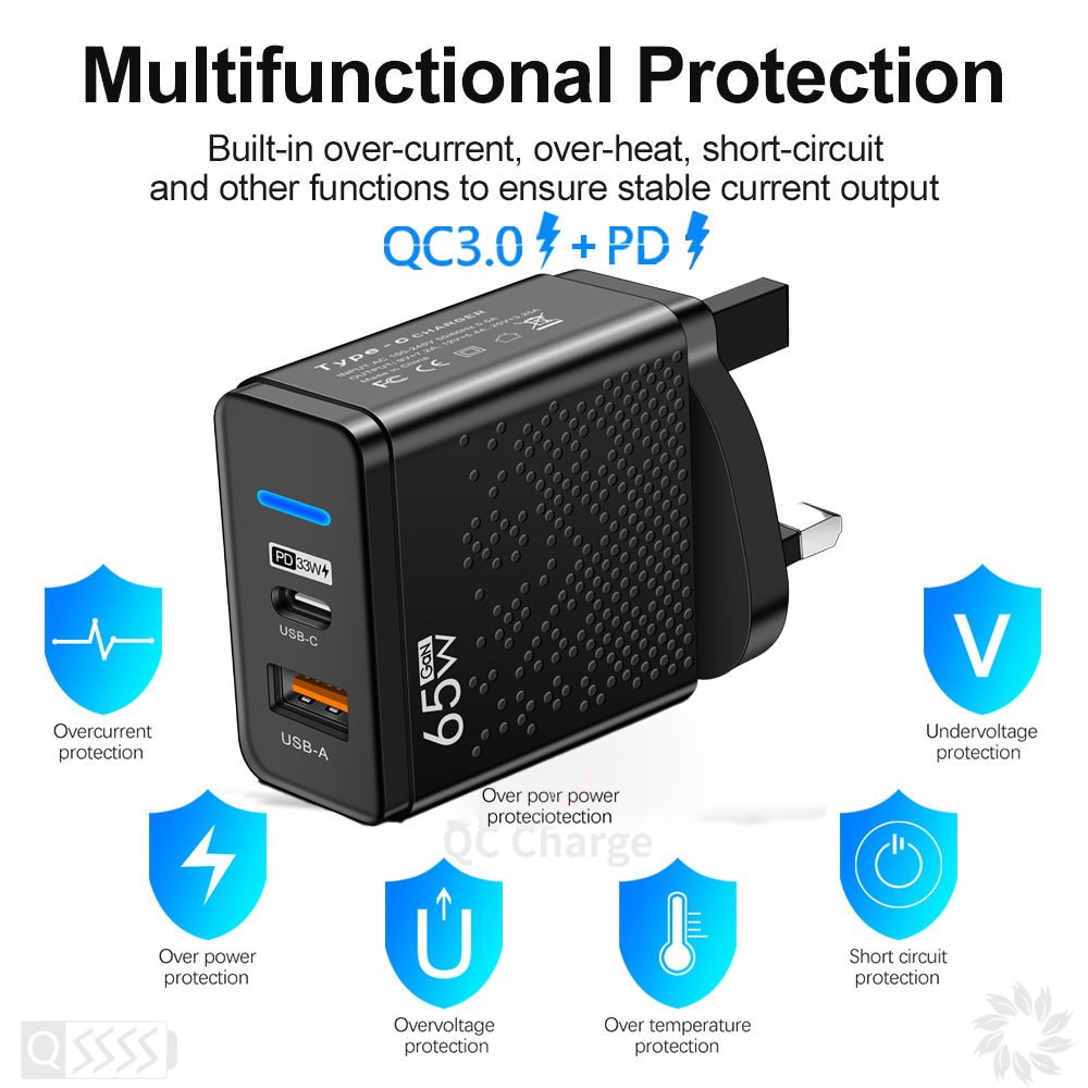 65W GaN Supercharger UK Plug with PD3.0 & QC3.0 Laptop iPhone Samsung Huawei Universal Compatibility 110-240V 3X Faster Charge