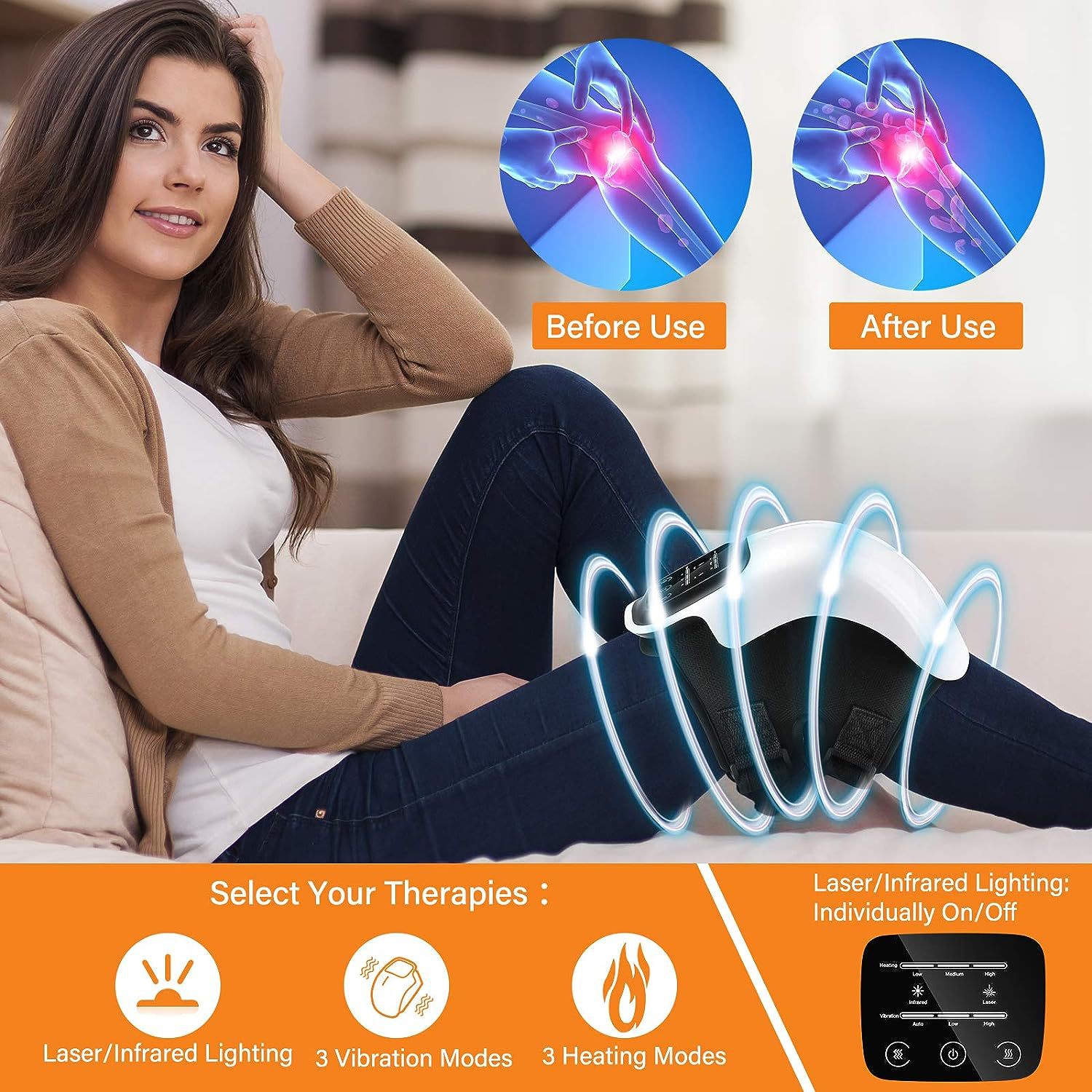Heating Knee Massage Rechargerable Physiotherapy Leg Massager 3 Levels of Temperature and Intensity Carbon Fiber Hot Pack Touch Control Vibration Massage to Relieve Stress and Fatigue