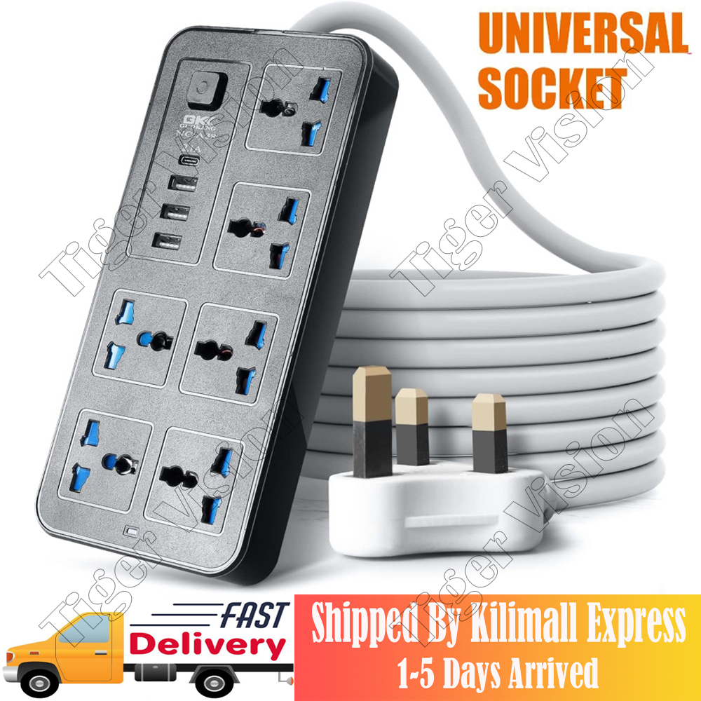 Universal Power Strip Power Socket Heavy Duty Surge Protector Plug Power Socket  6 Way Outlets 3 USB PD Charging Ports USB Charger Adapter 7 Feet Long Extension Cord