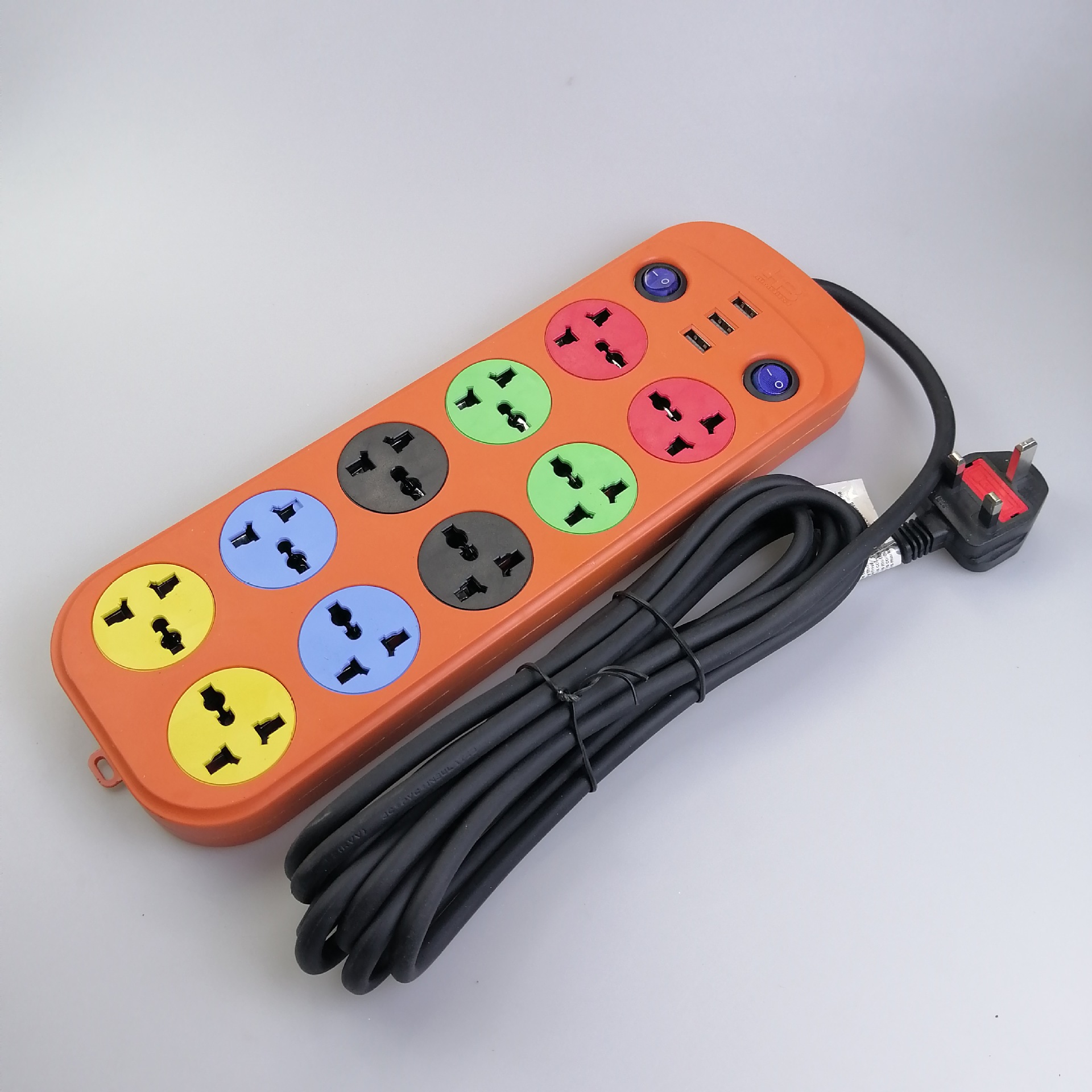 UK Plug Power Strip with Fuse 10 Outlets Power Socket Heavy Duty Surge Protector 2500W 3 USB Charger Fireproof Extension Cord (7ft)