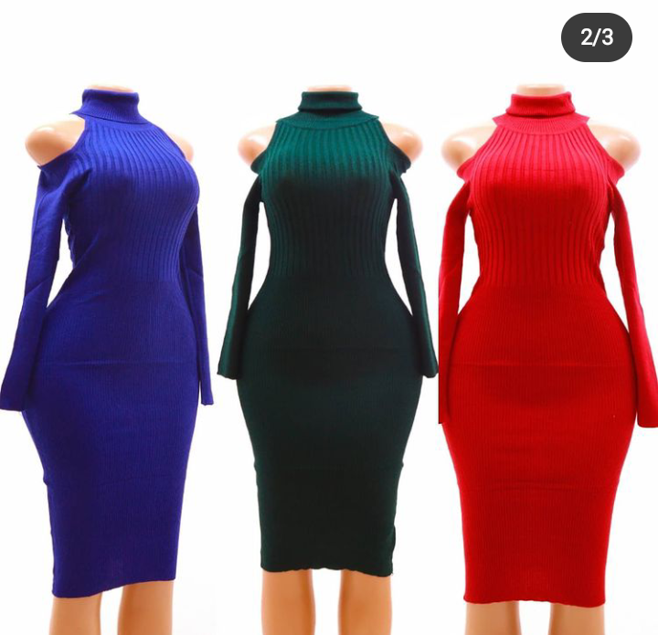 Turtle Neck Sweater Dress-BLUE/BLACK/RED/GREEN/NAVY BLUE