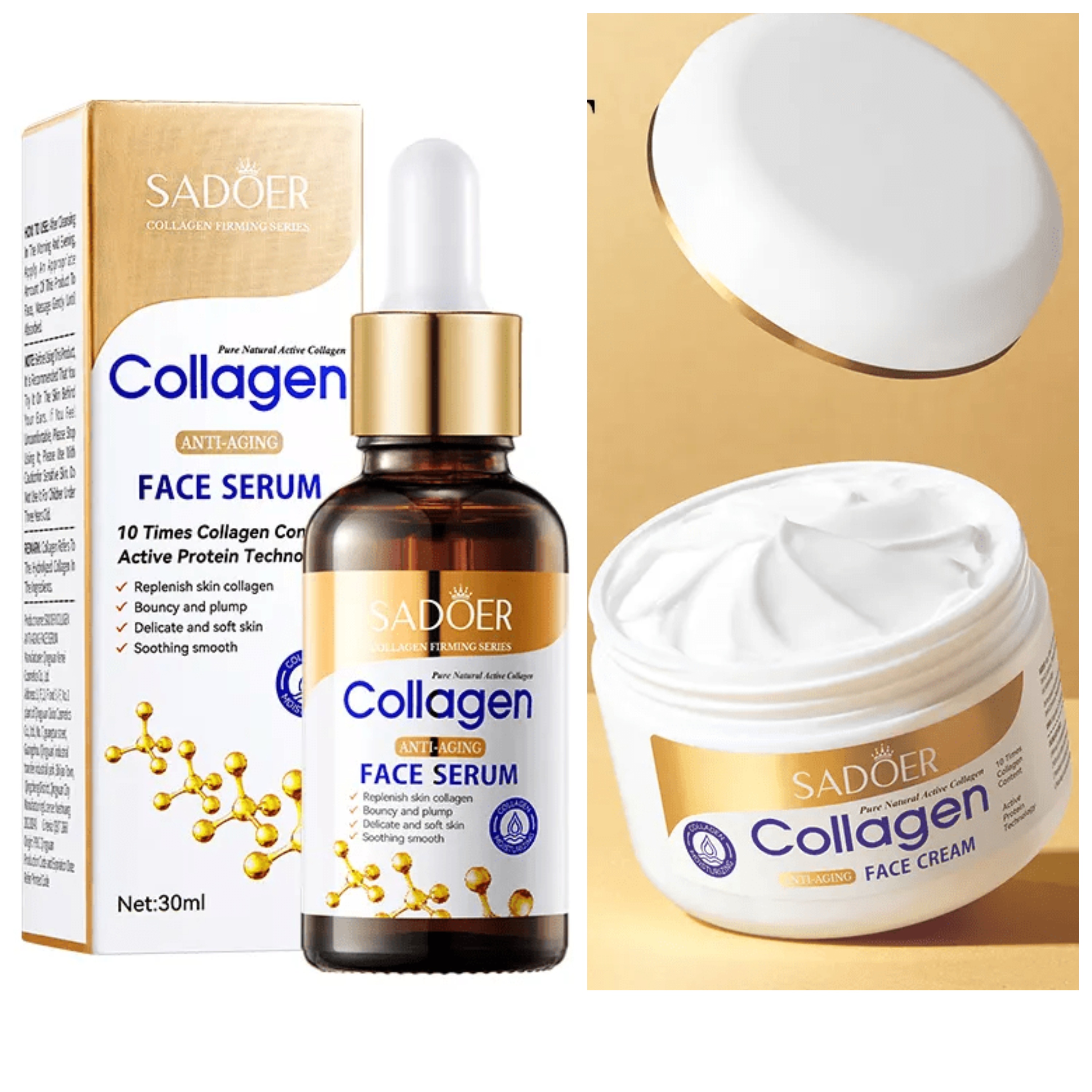 2 in 1 Collagen Face Serum Anti Aging Collagen Serum + Collagen Face Cream Anti Aging Cream, Moisturizing Anti wrinkles and Anti Fine Lines Face smoothening Moisturizer, Vitamin C Complementary