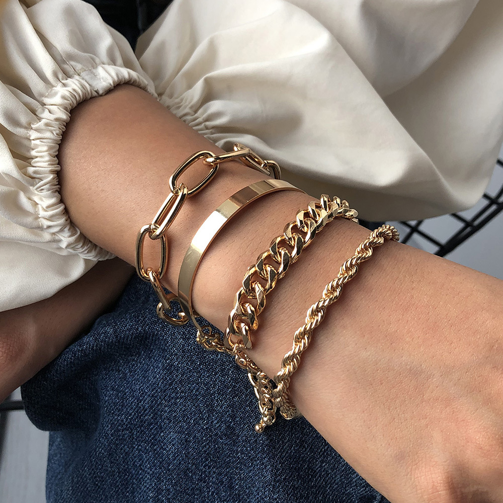 4pcs Punk Curb Cuban Chain Bracelets Set for Women Miami Boho Gold Color Bracelets Bangles Jewelry
