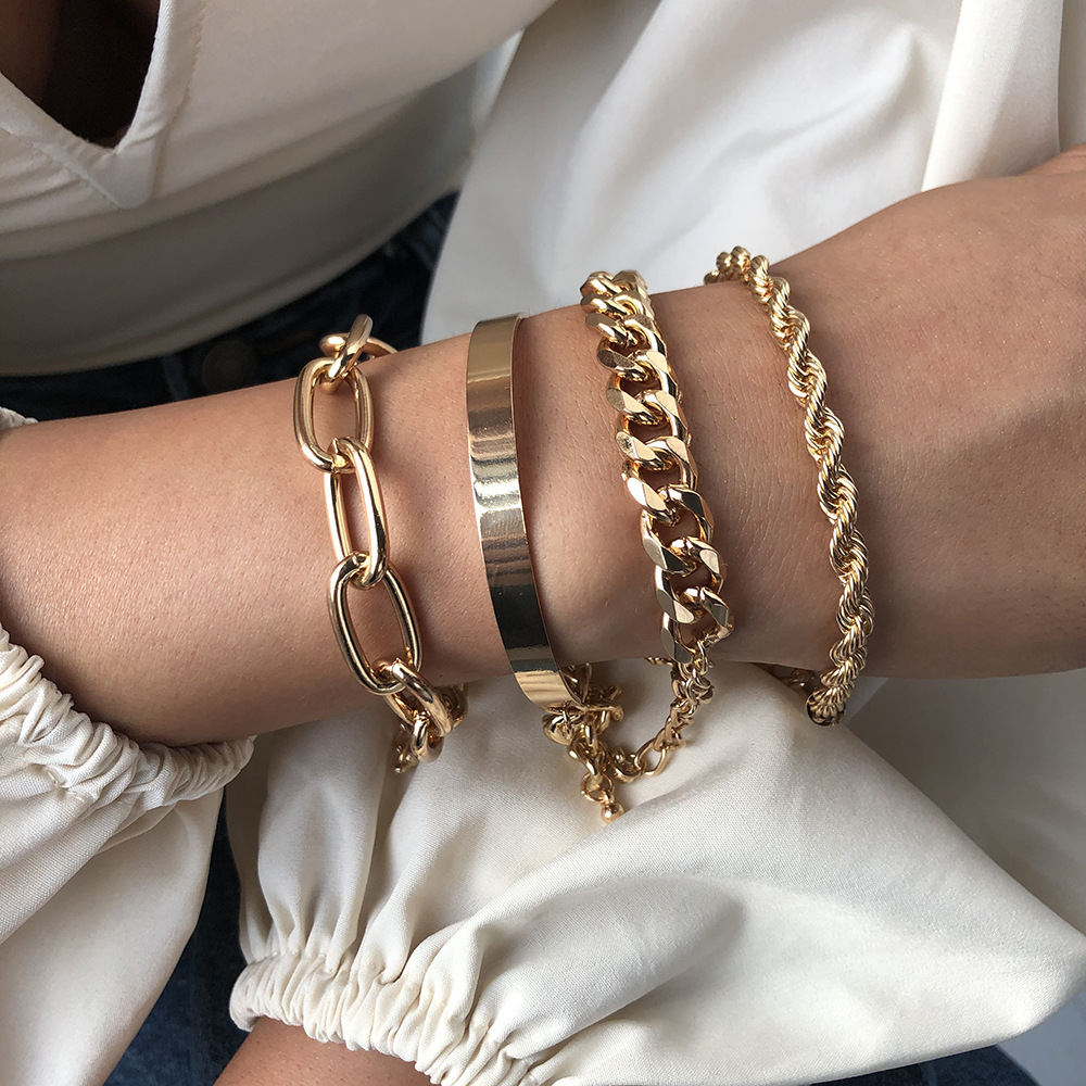 4pcs Punk Curb Cuban Chain Bracelets Set for Women Miami Boho Gold Color Bracelets Bangles Jewelry
