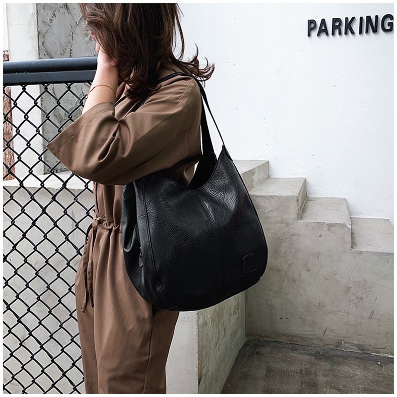 Retro Casual Shopping Bag Women Leather Totes Shoulder Bags Simple Multi-compartment Ladies Handbag