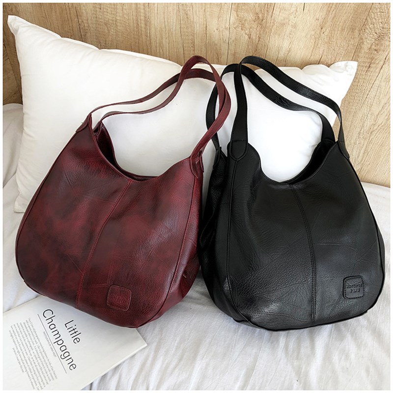 Retro Casual Shopping Bag Women Leather Totes Shoulder Bags Simple Multi-compartment Ladies Handbag