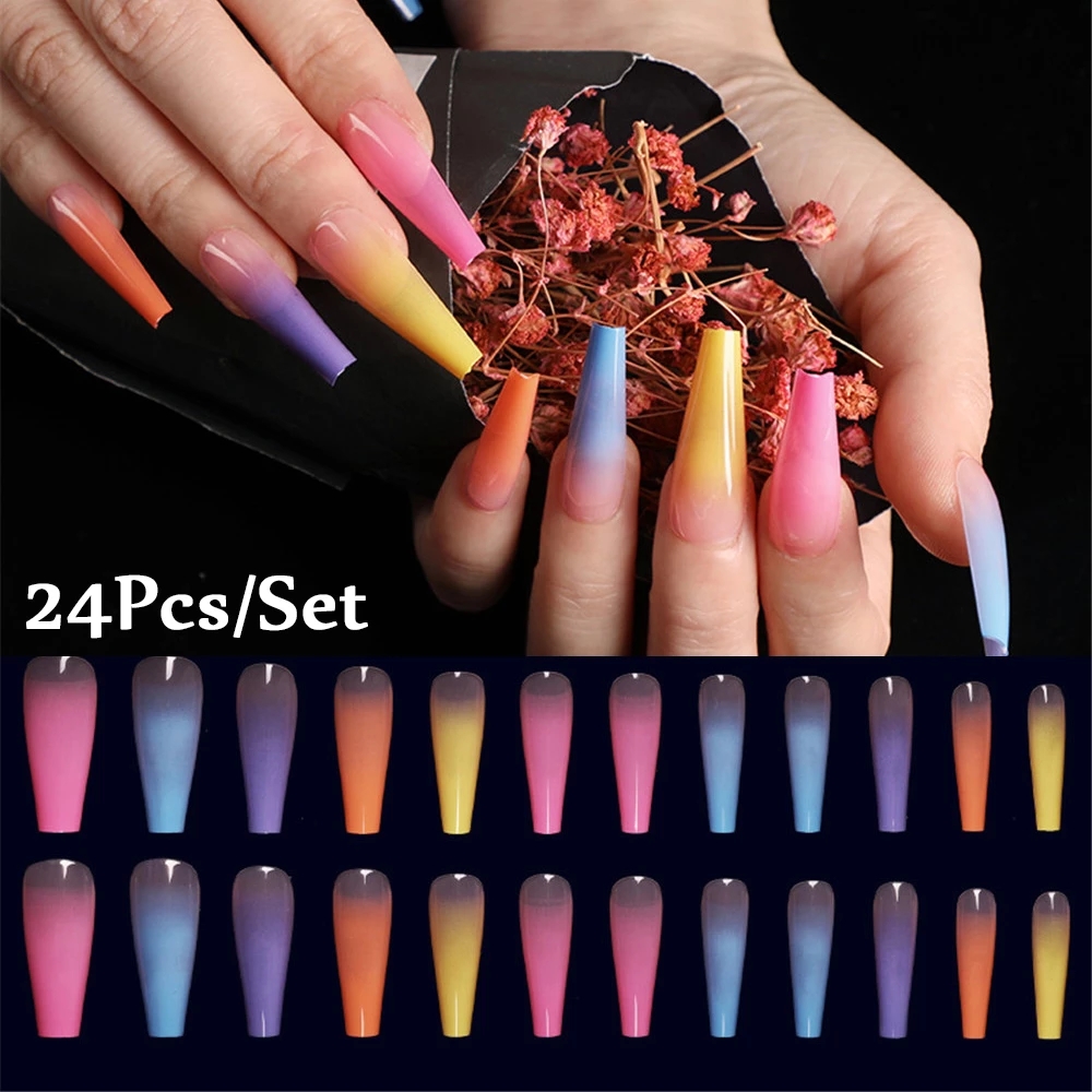 24Pcs/Set Reusable False Nail Stickers Set Full Cover Rainbow Matte Nail Designs Press for Womens