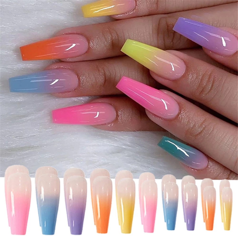 24Pcs/Set Reusable False Nail Stickers Set Full Cover Rainbow Matte Nail Designs Press for Womens