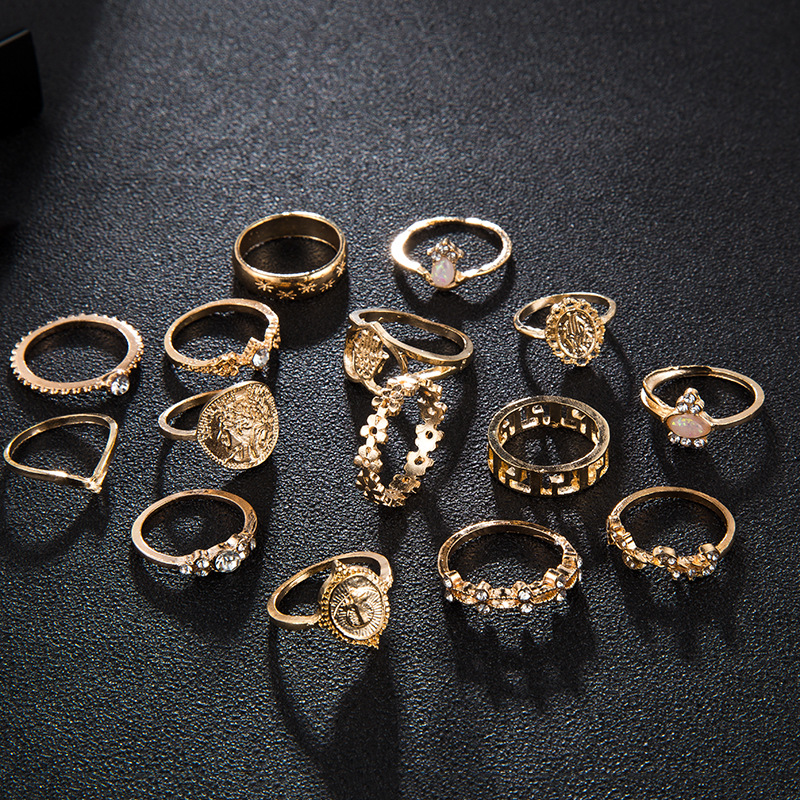 15pcs Women Alloy Rings Jewelry Vintage Pattern Diamond Punk Ring Lady Wedding Party Jewelry Gift