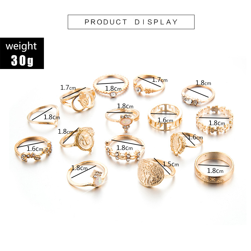 15pcs Women Alloy Rings Jewelry Vintage Pattern Diamond Punk Ring Lady Wedding Party Jewelry Gift