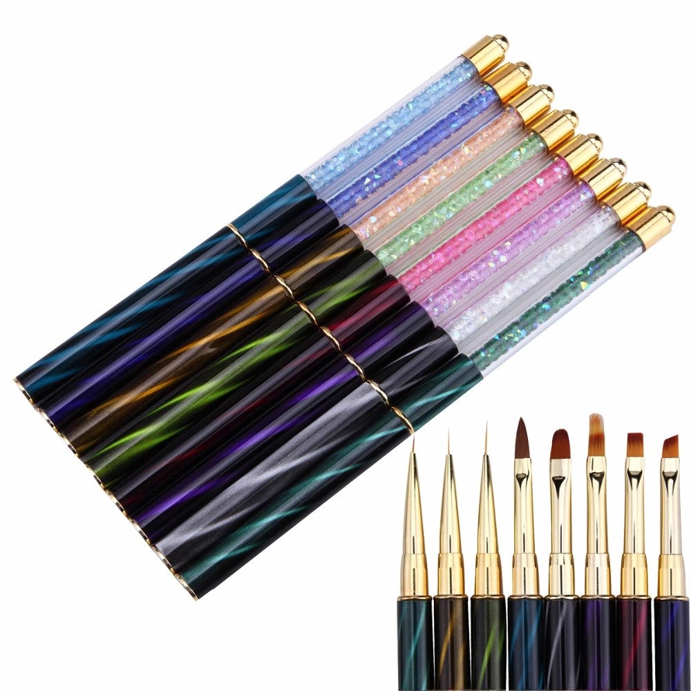 8Pc/Set Nail Art Rhinestone Handle Liner Pattern Painting Brush UV GEL Extension Builder Drawing Pen