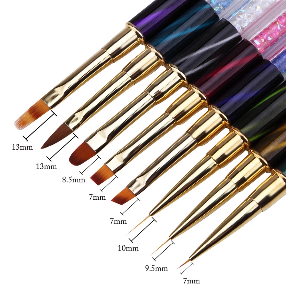 8Pc/Set Nail Art Rhinestone Handle Liner Pattern Painting Brush UV GEL Extension Builder Drawing Pen