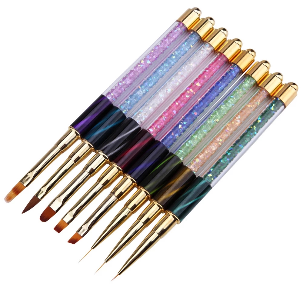 8Pc/Set Nail Art Rhinestone Handle Liner Pattern Painting Brush UV GEL Extension Builder Drawing Pen