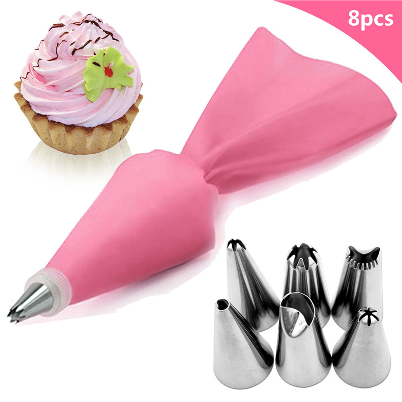 8PCS Silicone Icing Piping Cream Pastry Bag 6 Stainless Steel Cake Nozzle Decorating Pastry Tools
