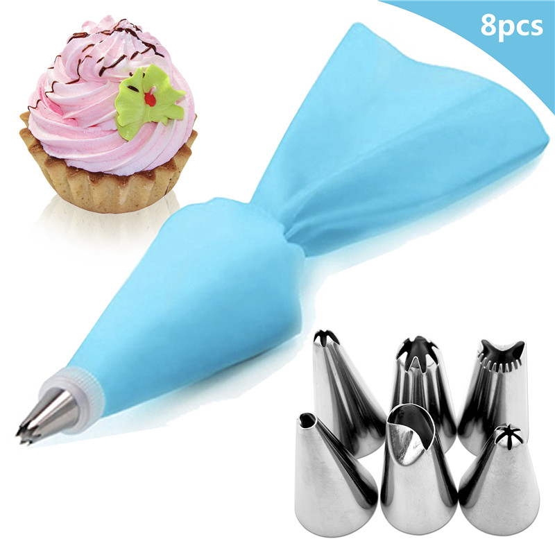 8PCS Silicone Icing Piping Cream Pastry Bag 6 Stainless Steel Cake Nozzle Decorating Pastry Tools