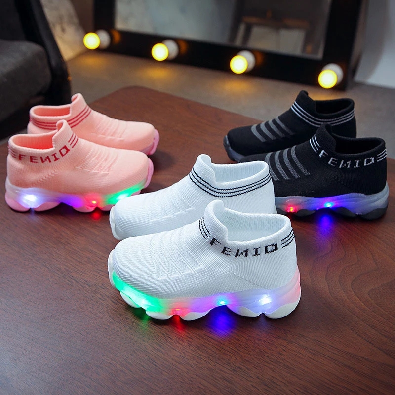 Kids Sneakers Children Girls Boys Letter Mesh Led Luminous Socks Sport Run Sneakers Light Up Shoes
