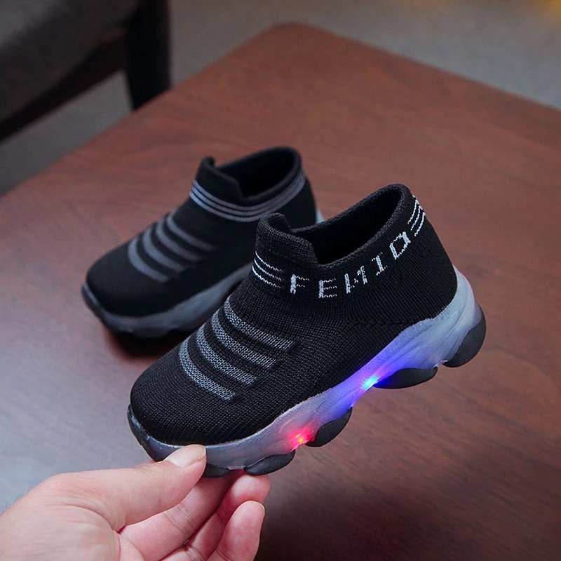 Kids Sneakers Children Girls Boys Letter Mesh Led Luminous Socks Sport Run Sneakers Light Up Shoes