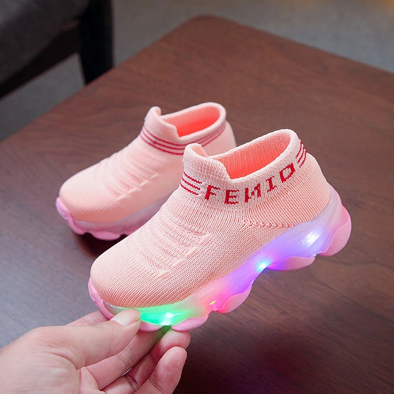 Kids Sneakers Children Girls Boys Letter Mesh Led Luminous Socks Sport Run Sneakers Light Up Shoes