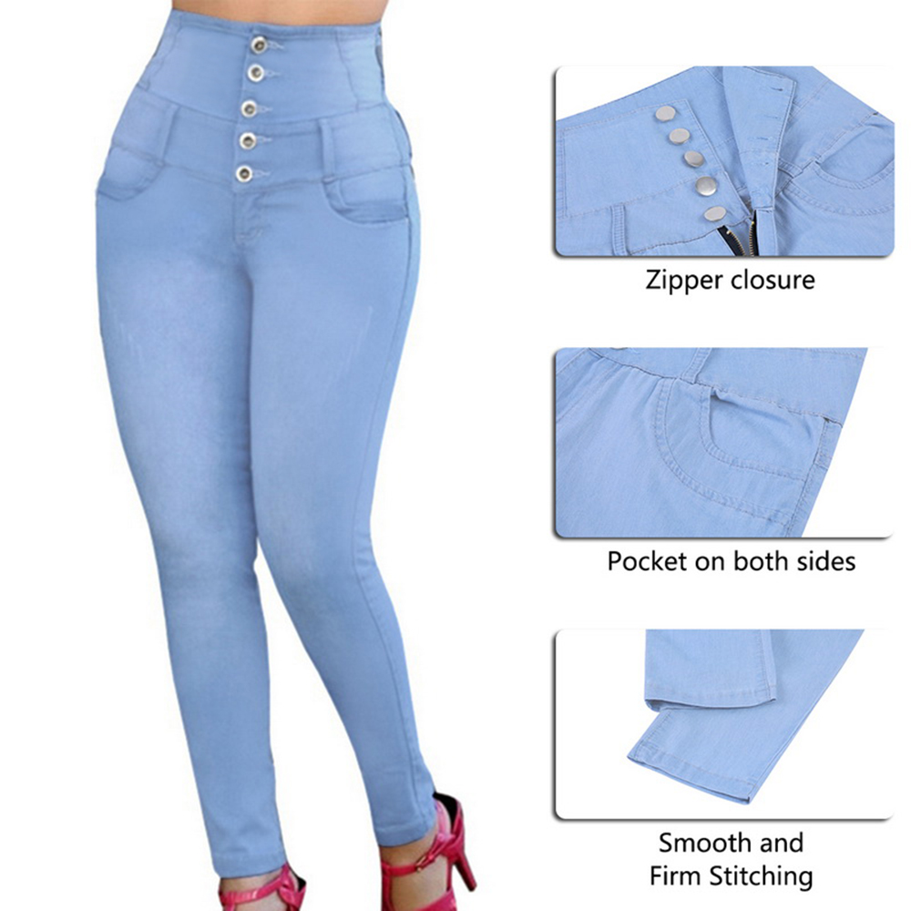 High Waist Women Jeans Buttons Female Pant Slim Elastic Plus Size Stretch Denim Blue Skinny Pencil