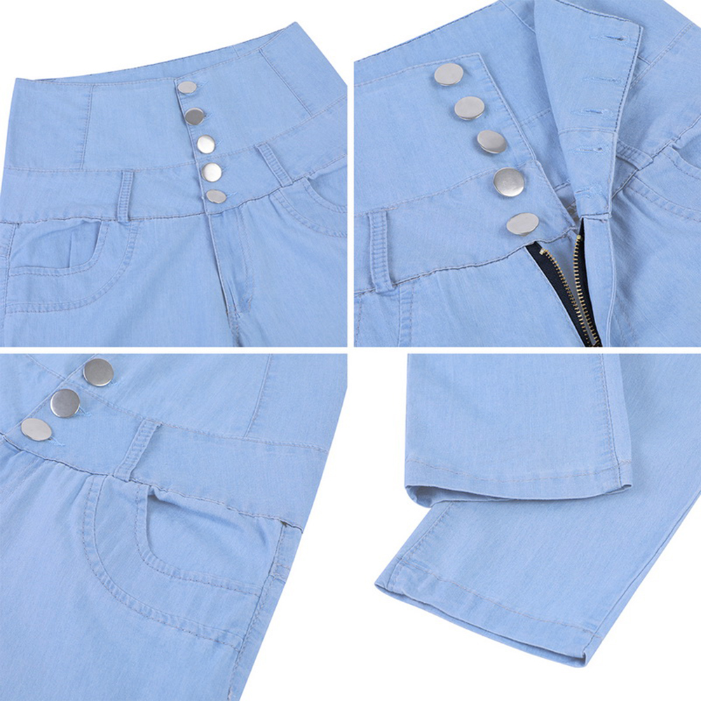 High Waist Women Jeans Buttons Female Pant Slim Elastic Plus Size Stretch Denim Blue Skinny Pencil