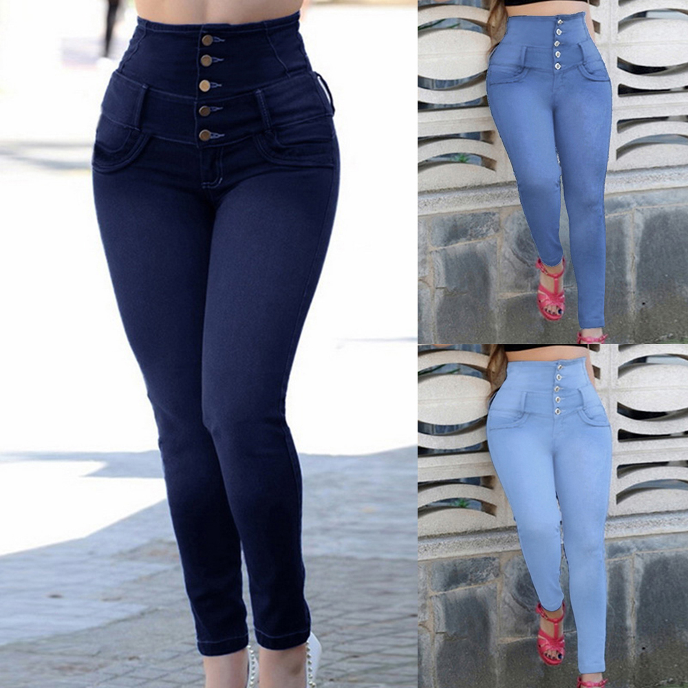High Waist Women Jeans Buttons Female Pant Slim Elastic Plus Size Stretch Denim Blue Skinny Pencil