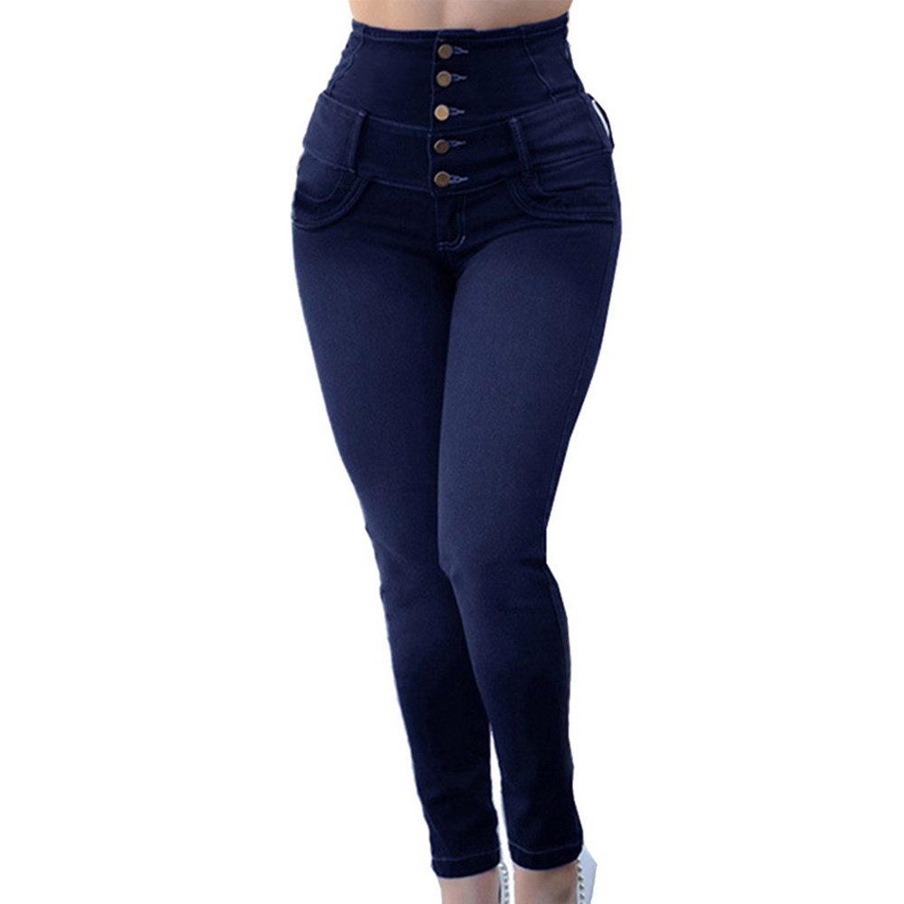 High Waist Women Jeans Buttons Female Pant Slim Elastic Plus Size Stretch Denim Blue Skinny Pencil