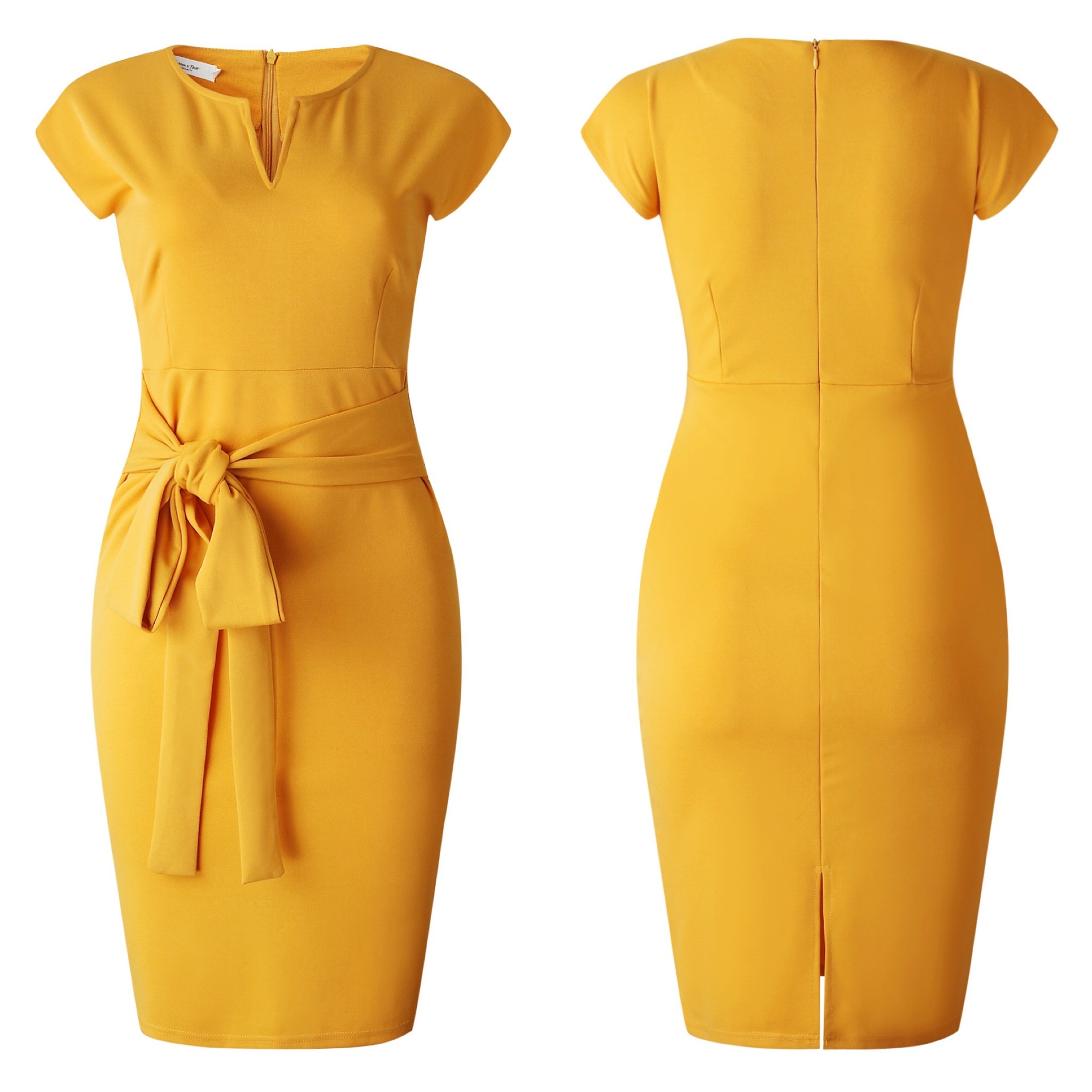 Women's Bandage Bodycon Dress Yellow Knee-Length Dress Elegant Slim Work Party Pencil Dresses