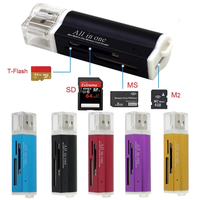 Hot Sellling for Micro SD SDHC TF M2 MMC MS PRO DUO All in 1 USB 2.0 Multi Memory Card Reader J09T