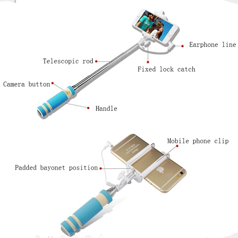 Hot Sale Selfie Stick with Button Wired Cotton Material Handle Monopod Universal for Mobile Phone