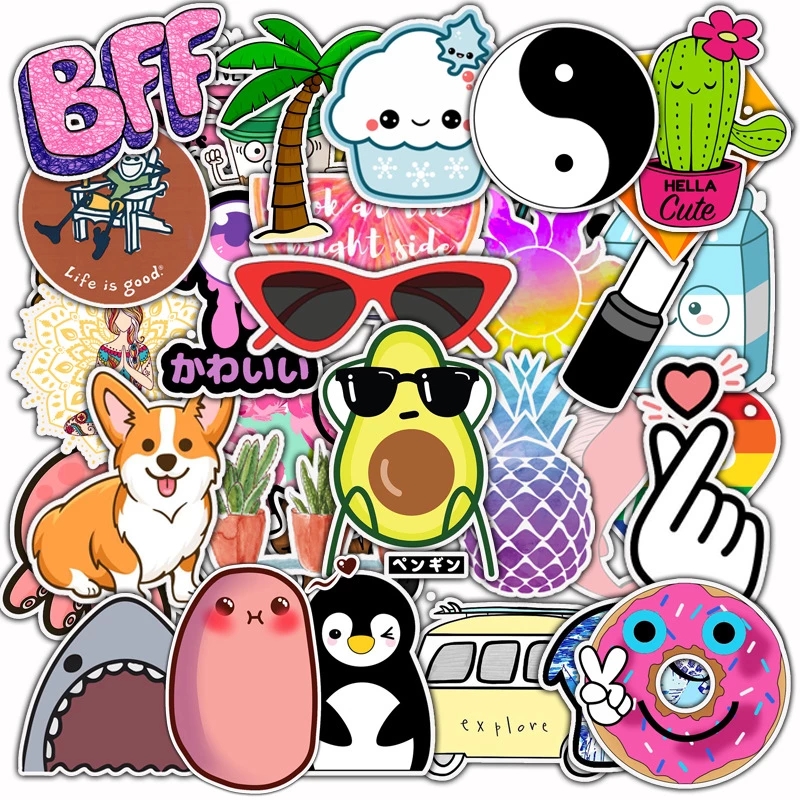 50pcs Waterproof Animal Fruit Stickers Graffiti Girl Skateboard Guitar Children Sticker Kids Toy