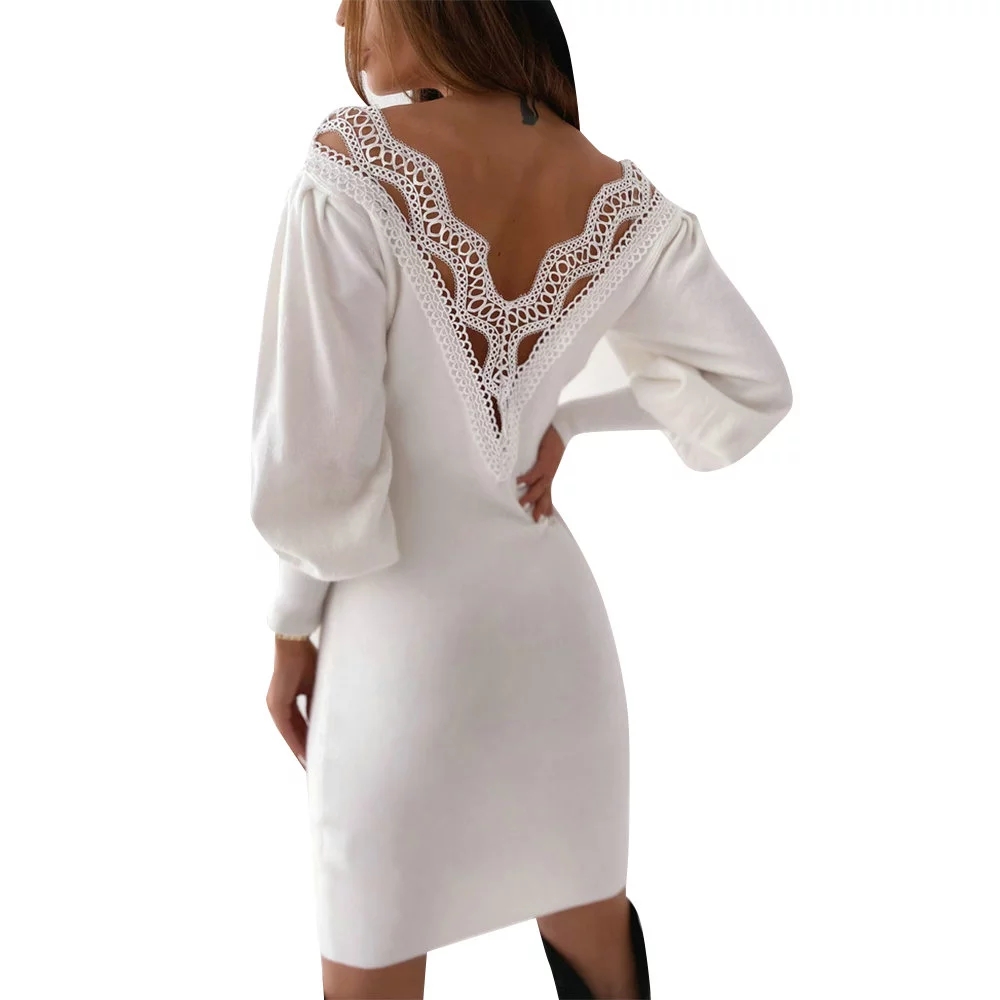 Ladies Sexy Lace Dress Woman Long Sleeve Party Backless V Deep Hollow Out Tight Dresses Clothes 2020