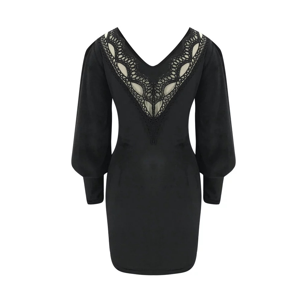 Ladies Sexy Lace Dress Woman Long Sleeve Party Backless V Deep Hollow Out Tight Dresses Clothes 2020