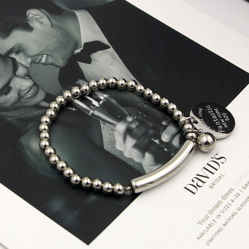 Stainless Steel Ball Beads Bracelet Women Bangles Circle Tag Charm Stretch Strand Bracelet Jewelry