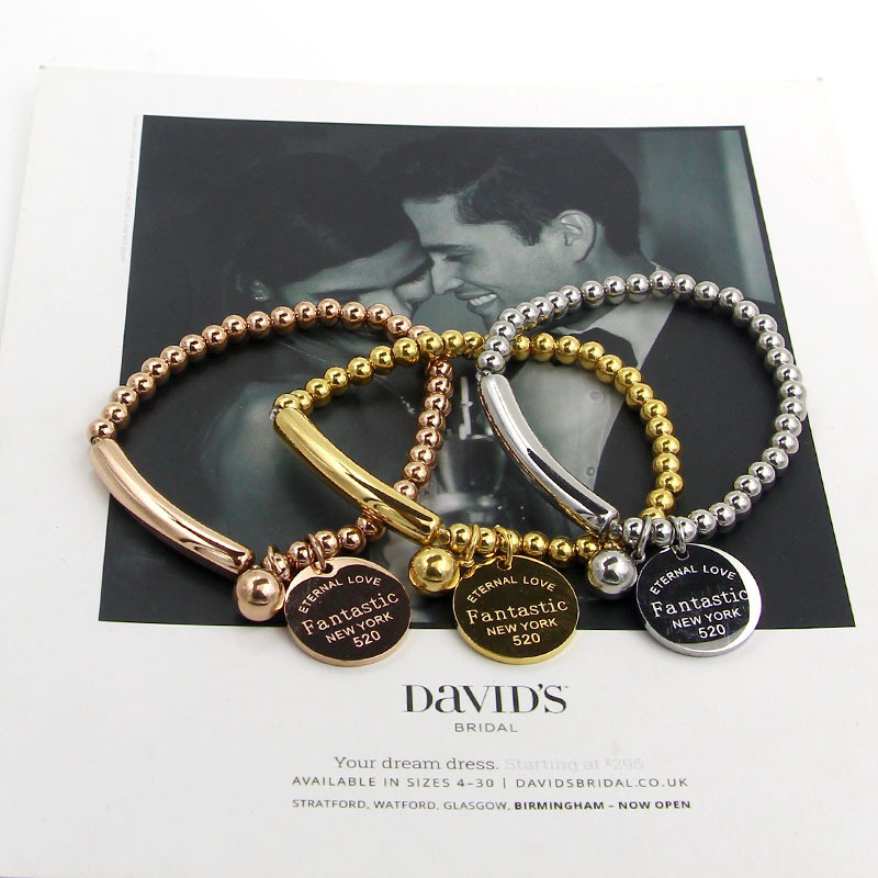 Stainless Steel Ball Beads Bracelet Women Bangles Circle Tag Charm Stretch Strand Bracelet Jewelry
