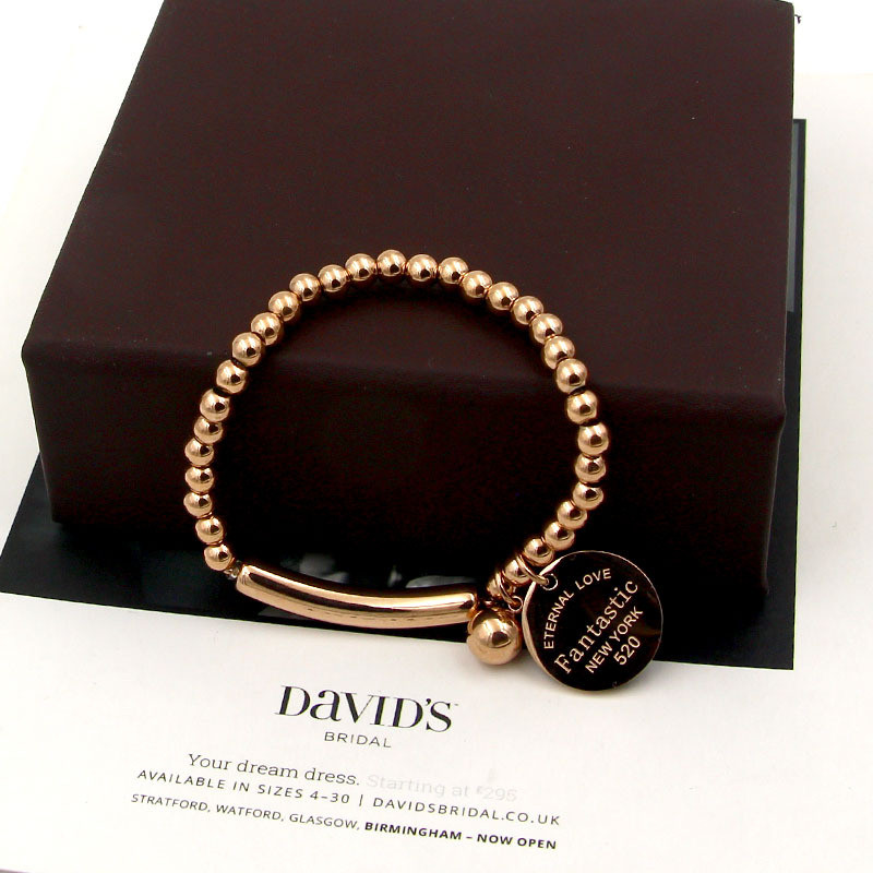 Stainless Steel Ball Beads Bracelet Women Bangles Circle Tag Charm Stretch Strand Bracelet Jewelry