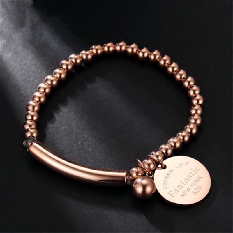 Stainless Steel Ball Beads Bracelet Women Bangles Circle Tag Charm Stretch Strand Bracelet Jewelry