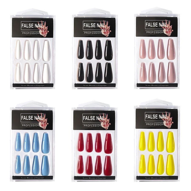 24Pcs Professional Fake Nails Long Half French Acrylic Nail Tips False Coffin Nails Art Kit Press