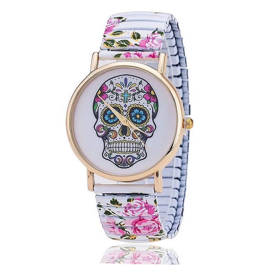 Fashion Skull Printing Steel Band Stretch Watches Casual Women Student Elastic Quartz Wristwatch