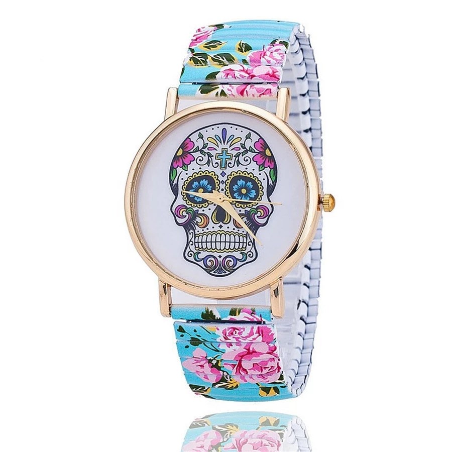 Fashion Skull Printing Steel Band Stretch Watches Casual Women Student Elastic Quartz Wristwatch