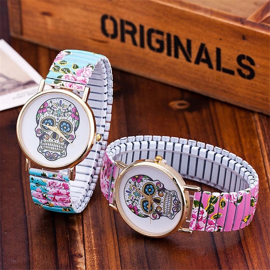 Fashion Skull Printing Steel Band Stretch Watches Casual Women Student Elastic Quartz Wristwatch