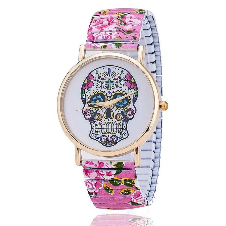 Fashion Skull Printing Steel Band Stretch Watches Casual Women Student Elastic Quartz Wristwatch
