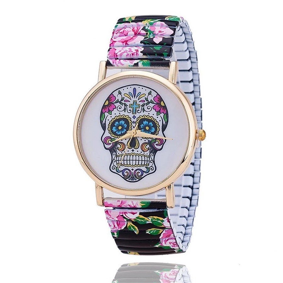 Fashion Skull Printing Steel Band Stretch Watches Casual Women Student Elastic Quartz Wristwatch