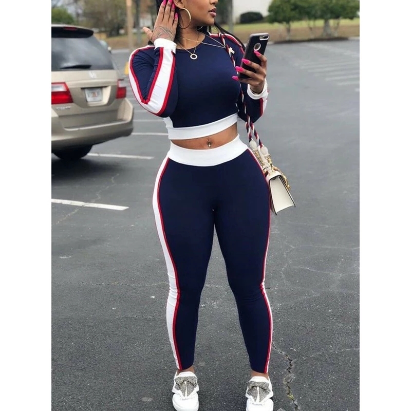 2Pcs Set Sexy Women Sports Set Sleeve Crop Top Pants  Workout Athletic Workout Clothes Tracksuit